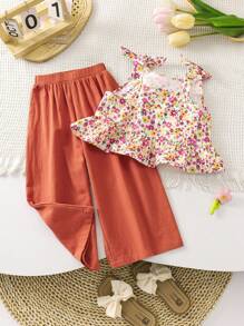 SHEIN LMoss Kids Conjunto de verano para niñas con top tipo camiseta de tirantes con estampado floral tejido y pantalones casuales sueltos y tejidos