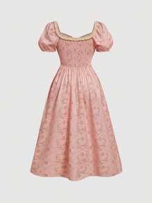 SHEIN MOD Robe d'été romantique pour soirée dansante à bulles avec manches en dentelle florale et en pâtisserie, style vintage de palais, robe paysanne, robe de bal, longue robe pour femmes, robe de réception de mariage - Vieux Rose - Voir 2
