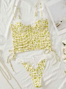 碎花印花蕾丝边文胸和丁字裤套装带钢圈，2 件套，内衣 - 彩色 - 查看 1