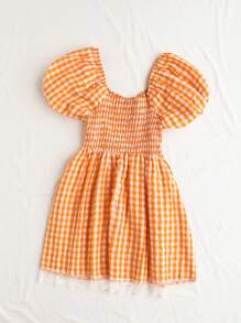 Soleia Plus Size Sweetheart Neck Puff Sleeve A-Line Dress With Lace Trim - Orange - View 2