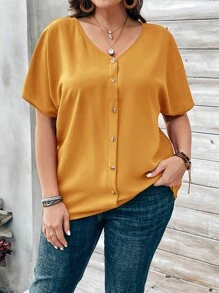 EMERY ROSE Plus Size Women's Orange Button Embellished Short Sleeve Shirt For Spring - Yellow - View 3