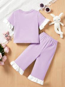 SHEIN Baby Girl Casual And Cute Pajamas Homewear Set With Cartoon Printed Patchwork Design And Ruffle Trim In Loose Fit - Purple - View 2