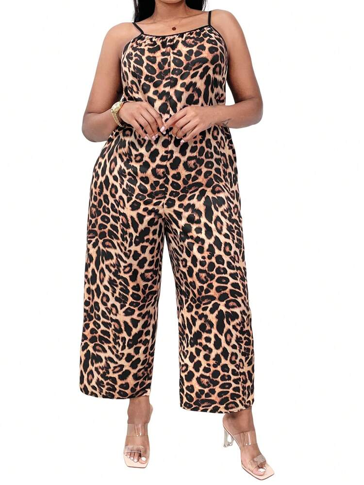 Plus Size Leopard Print Cami Jumpsuit With Pocket And Side Strap Detail