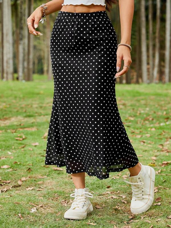 SHEIN EZwear Black Polka Dot Sheer Mesh High-Low Midi Skirt