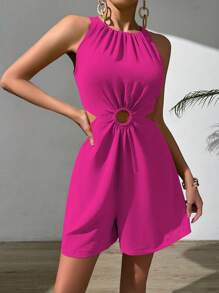 Chiquease Green Women Jumpsuit With Halter Neck, Hollow-Out Waist, Ruffled Texture Fabric - Hot Pink - View 5