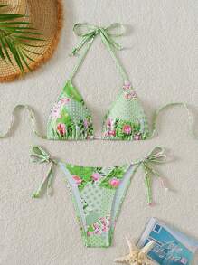SHEIN Swim 女士花卉印花度假比基尼套装带颈带，简约时尚两件套比基尼套装（随机印花）夏季海滩 - 彩色 - 查看 1