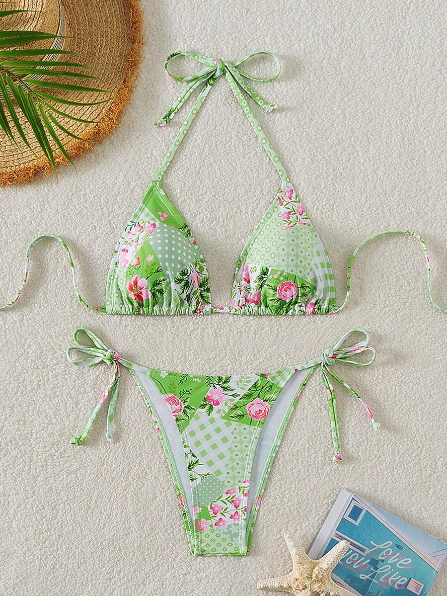 SHEIN Swim 女士花卉印花度假比基尼套装带颈带，简约时尚两件套比基尼套装（随机印花）夏季海滩 - 彩色 - 查看 1