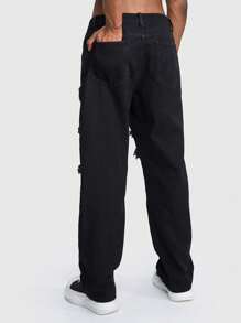 ROMWE MEN Men Fashionable Solid Color Casual Loose Fit Jeans - Black - View 5