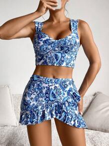 SHEIN Swim Summer Beach 3pcs Random Plant Print Tankini Set With Ruffle Cover Skirt - Blue - View 5