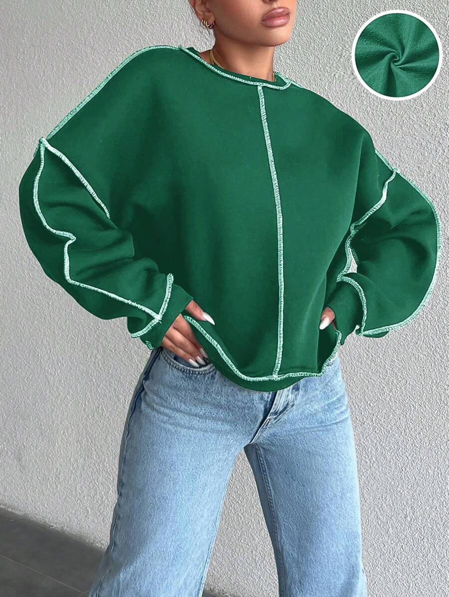 EURMUSE 95% Cotton Drop Shoulder Stitching Detail Thermal Lining Sweatshirt - Olive Green - View 1