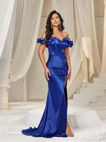 SHEIN Belle Elegant Blue Exaggerated Ruffles Off Shoulder Bust Cups Fine Flash Webbing Splicing Sexy Corset Back Width Adjustable Straps High Waist Slimming High Split And Floor Dragging Fishtail Dress Dating Bachelorette Party Graduation Season Wedding Event Heavy Duty Dinner Party Prom Semi Formal Wedding Guest Dress, For Birthday, Homecoming