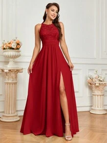 SHEIN Belle Women Fashionable Lace Spliced A-Line Dress With Side Slit, Perfect For Bridesmaid (Adult)
