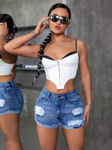 Shorts de mezclilla casuales para mujeres con dobladillo enrollado y estampado floral y bolsillos
