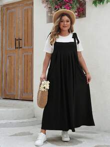 大码休闲纯色褶裥长吊带裙 - 黑色 - 查看 3