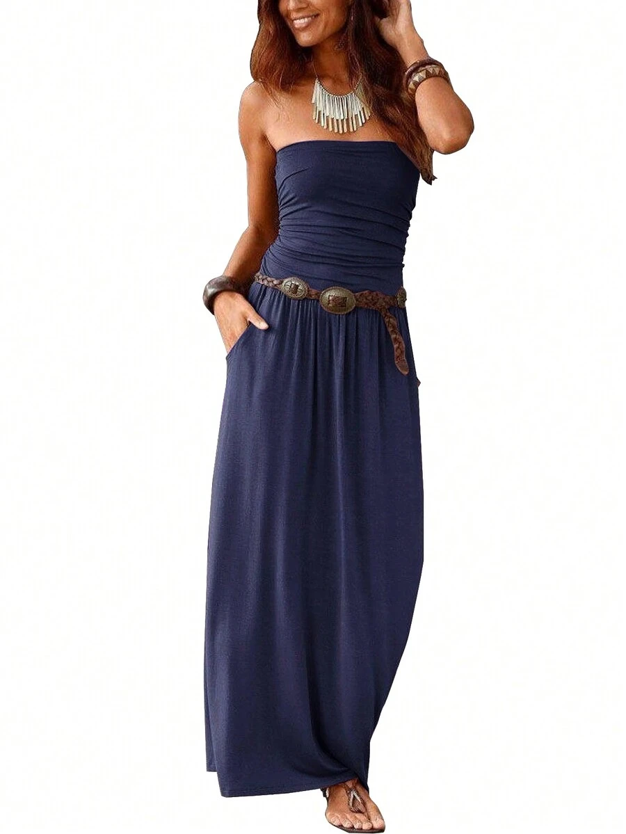 Holiday Leisure Style Strapless Loose Long Dress - Navy Blue - View 1
