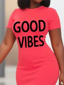 Franclia Plus Size Simple Printed Short Sleeve Bodycon Dress - Red - View 3