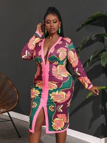 Slaydiva 大尺碼夏季時尚V領花卉印花長袖連衣裙 - 彩色 - 查看 2