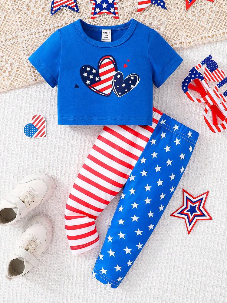 Baby Girls' Heart-Shaped Independence Day American Flag Printed Short Sleeve Top And Tight Pants Set