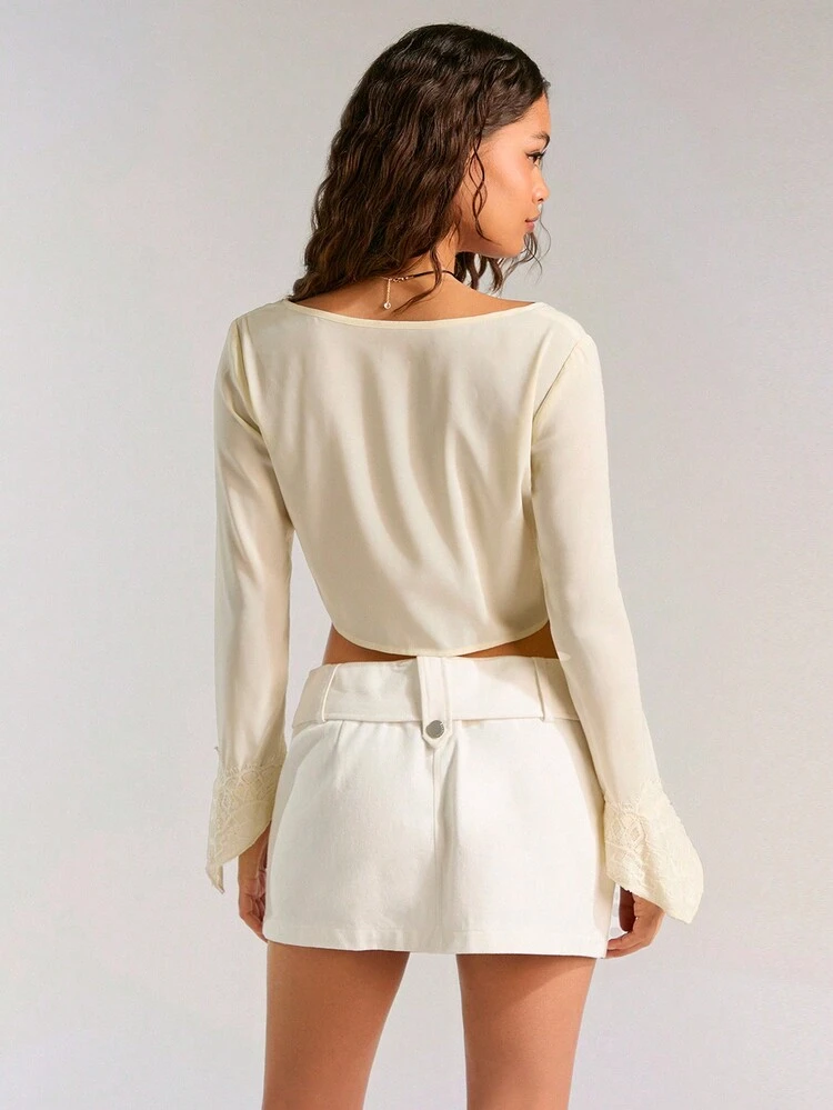 Ladies" Solid Color Square Neck Casual Spring Summer Long Sleeve Shirt For Daily Wear