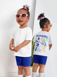 SHEIN Baby Girl Cute And Funny Printed Short Sleeve Top And Shorts Set - Blue - View 2