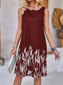 EMERY ROSE 女性時尚夏季印花無袖連衣裙 - 酒紅色 - 查看 4