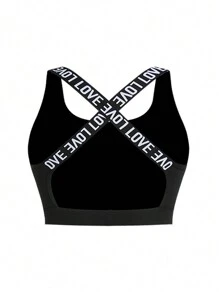 Easithlete Plus Size Women Sports Suit, Letter Print Round Neck Vest, Criss-Cross Back Vest And Striped Leggings Three-Piece Fitness Yoga Set - Black and White - View 3