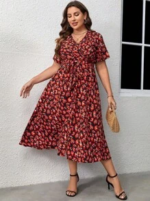 SHEIN Holidaya Đầm nữ cổ chữ V in họa tiết cỡ lớn thời trang mùa hè có thắt lưng - trái cam - Xem 3