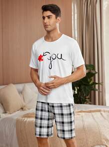 Conjunto de ropa de verano para hombre con camiseta de manga corta con letras impresas y pantalones cortos a cuadros para estar en casa - Blanco - Ver 5