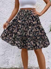 SHEIN LUNE 女士夏季小花印花順摺邊隨機印花裙 - 黑色 - 查看 6