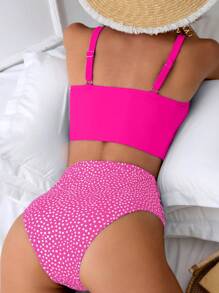 SHEIN Swim 女士夏季海灘純色十字褶皺上衣和波點下襬比基尼套裝，適合度假 - 玫紅色 - 查看 2