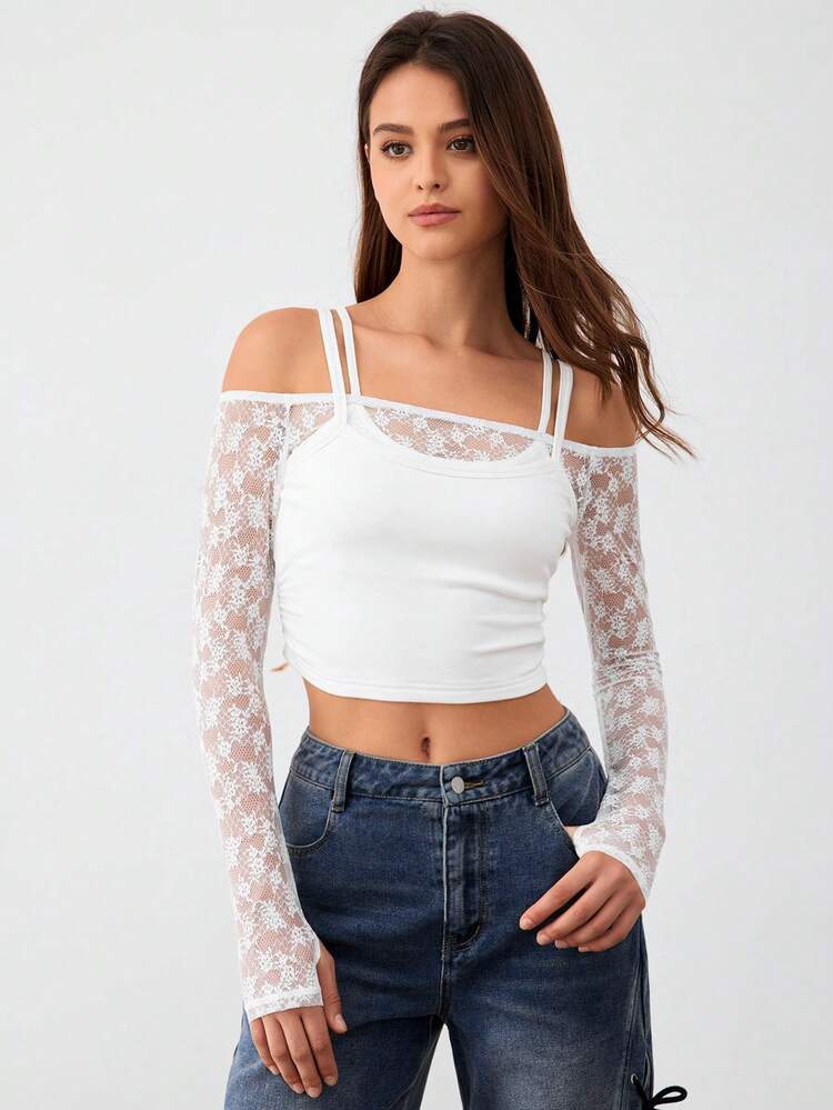 Lace Off Shoulder 2 In 1 Joint Sweet Girl College Style Slim Fit Top