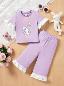 SHEIN Baby Girl Casual And Cute Pajamas Homewear Set With Cartoon Printed Patchwork Design And Ruffle Trim In Loose Fit - Purple - View 1