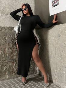 Flirla Plus Size Women's Solid Color Sexy Dress With Side Tie Detail - Black - View 4