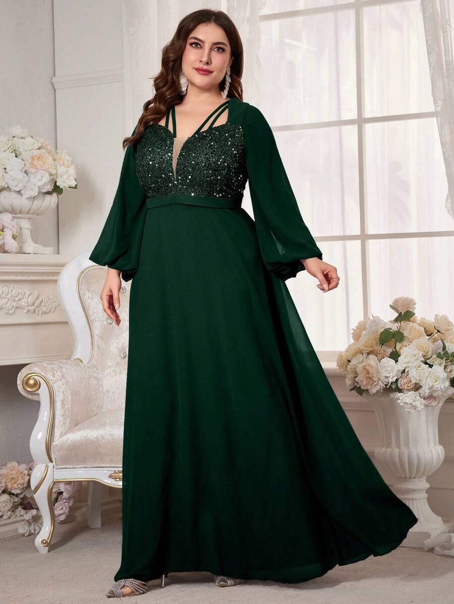 UNITHORSE Plus Size Sequin Patchwork Lantern Sleeve Extra Long Evening Dress - Dark Green - View 1