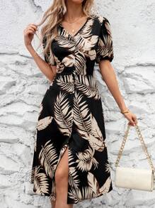 SHEIN Clasi Phụ nữ kỳ nghỉ hè phong cách nhiệt đới váy ngắn tay phồng cổ chữ V in hình cây nhiệt đới có túi - Nhiều màu - Xem 1
