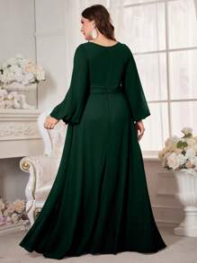UNITHORSE Plus Size Sequin Patchwork Lantern Sleeve Extra Long Evening Dress - Dark Green - View 2