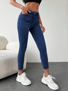 SHEIN Cottnline Solid Skinny Cropped Jeans - Dark Wash - View 4
