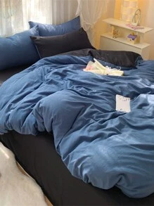 Bộ đồ giường 3 món - 1 vỏ chăn, 2 vỏ gối, siêu mềm bền, phòng ngủ ký túc xá màu xanh lam và xám đậm, có thể giặt bằng máy - Màu xanh lam - Xem 6
