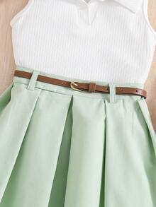 SHEIN 2 piezas/Conjunto Conjunto de regreso a la escuela para niñas pequeñas - Camiseta con cuello polo blanca y falda plisada verde clara - verde menta - Ver 5