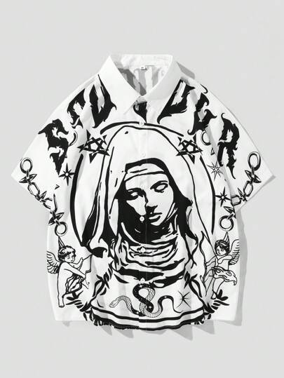 Grunge Punk Men's Short Sleeve Shirt With Letter & Snake Print For Halloween, School