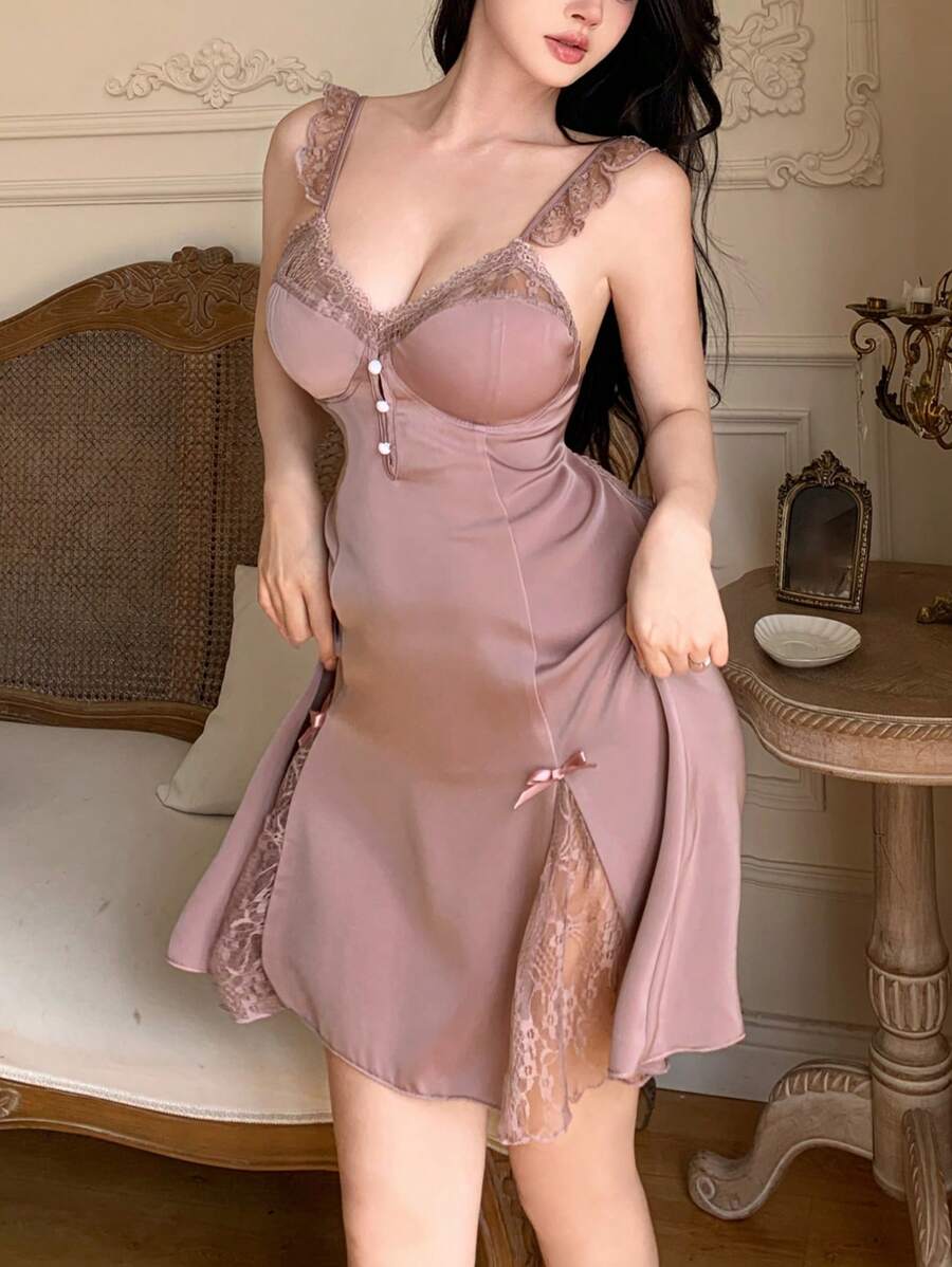 DAZY Women Lace Splice Satin Deep V-Neck Padded Cami Sleep Dress Pajama