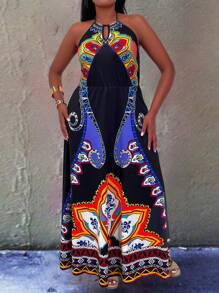 Breezaya Plus Size Women Boho National Style Floral Printed Sleeveless Halterneck Dress, For Summer