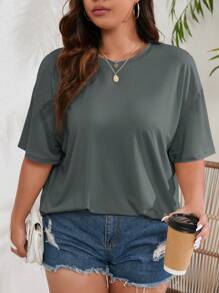 INAWLY 大碼夏季休閒寬鬆純色落肩短袖T恤