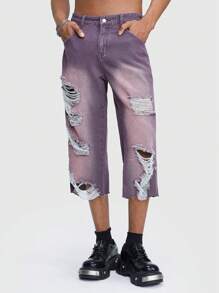 ROMWE MEN Men Casual Straight Leg Mid-Rise Denim Shorts With Distressed Design And Insert Pockets - Purple - View 3
