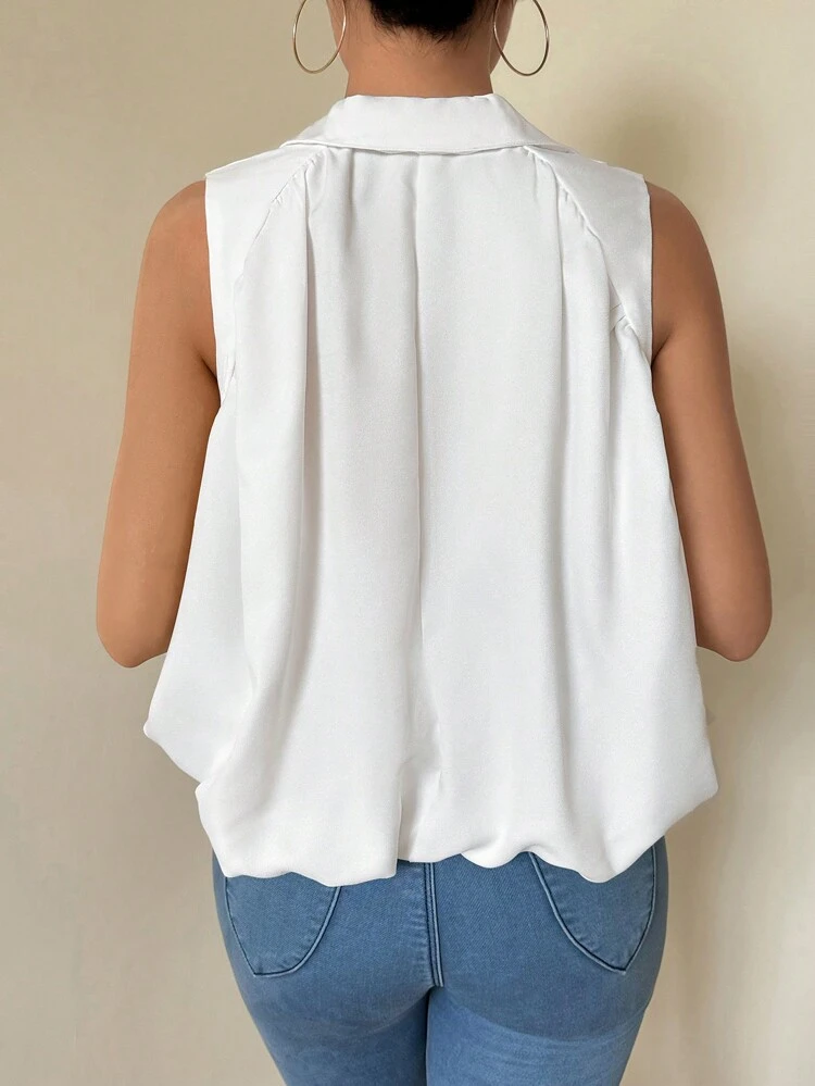 Women Summer Casual Elegant Dating Collared Loose Sleeveless Blouse With Ruched Hem