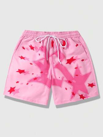 Prep Pantalones cortos tejidos con gráfico de estrellas y letras para uso casual, primavera y verano, escuela, para hombre