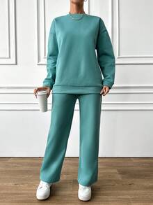 SHEIN Cottnline Ladies' Solid Color Drop Shoulder Fleece Sweatshirt And Sweatpants Set - Mint Blue - View 2