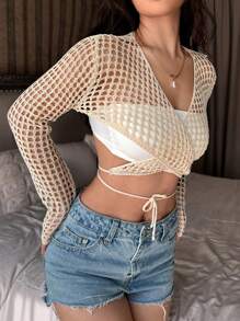 SHEIN Unity Women Solid Hollow Out Beach Style Open-Front Crop Cardigan Fall Cloth For Women - Apricot - View 6