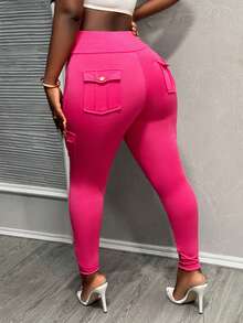 Slaydiva Women's High Waist Elastic Band Bodycon Pants With Flap Pockets - Hot Pink - View 2