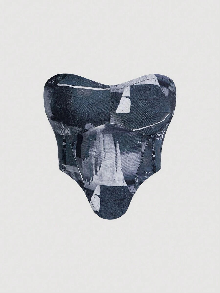 SHEIN ICON 有彈性且性感的街頭風格印花短款牛仔胸衣，適合女性